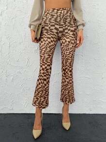 EURMUSE Allover Print Split Hem Flare Leg Trousers - Brown - View 1