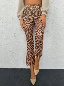 EURMUSE Allover Print Split Hem Flare Leg Trousers - Brown - View 3