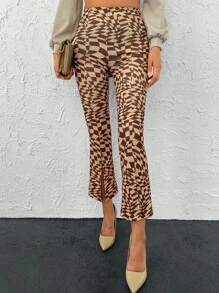 EURMUSE Allover Print Split Hem Flare Leg Trousers - Brown - View 4