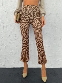 EURMUSE Allover Print Split Hem Flare Leg Trousers - Brown - View 5