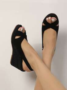 Criss Cross Slingback Faux Suede Wedge Sandals - Black - View 2
