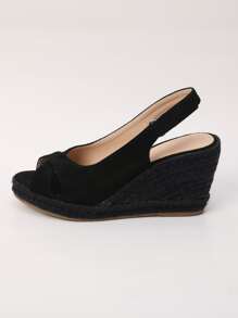 Criss Cross Slingback Faux Suede Wedge Sandals - Black - View 3