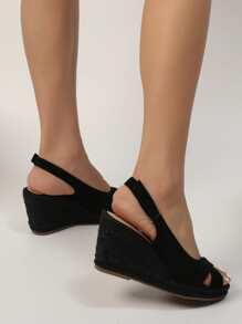Criss Cross Slingback Faux Suede Wedge Sandals - Black - View 4