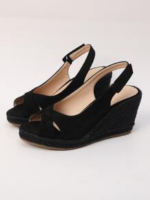 Criss Cross Slingback Faux Suede Wedge Sandals - Black - View 6