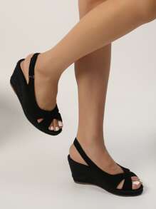 Criss Cross Slingback Faux Suede Wedge Sandals - Black - View 7
