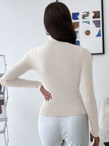 Cloudara Turtleneck Ribbed Knit Jumper - Beige - View 2