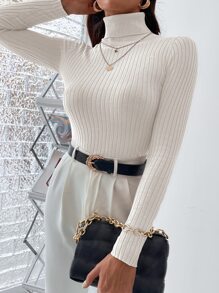 Cloudara Turtleneck Ribbed Knit Jumper - Beige - View 3