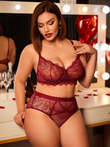 Plus Tie Back Lace Underwire Lingerie Set - Burgundy - View 2