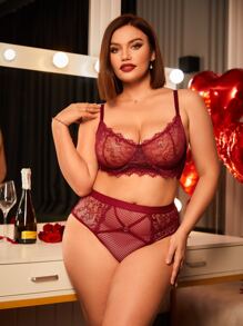 Plus Tie Back Lace Underwire Lingerie Set - Burgundy - View 3