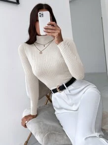 Cloudara Turtleneck Ribbed Knit Jumper - Beige - View 4