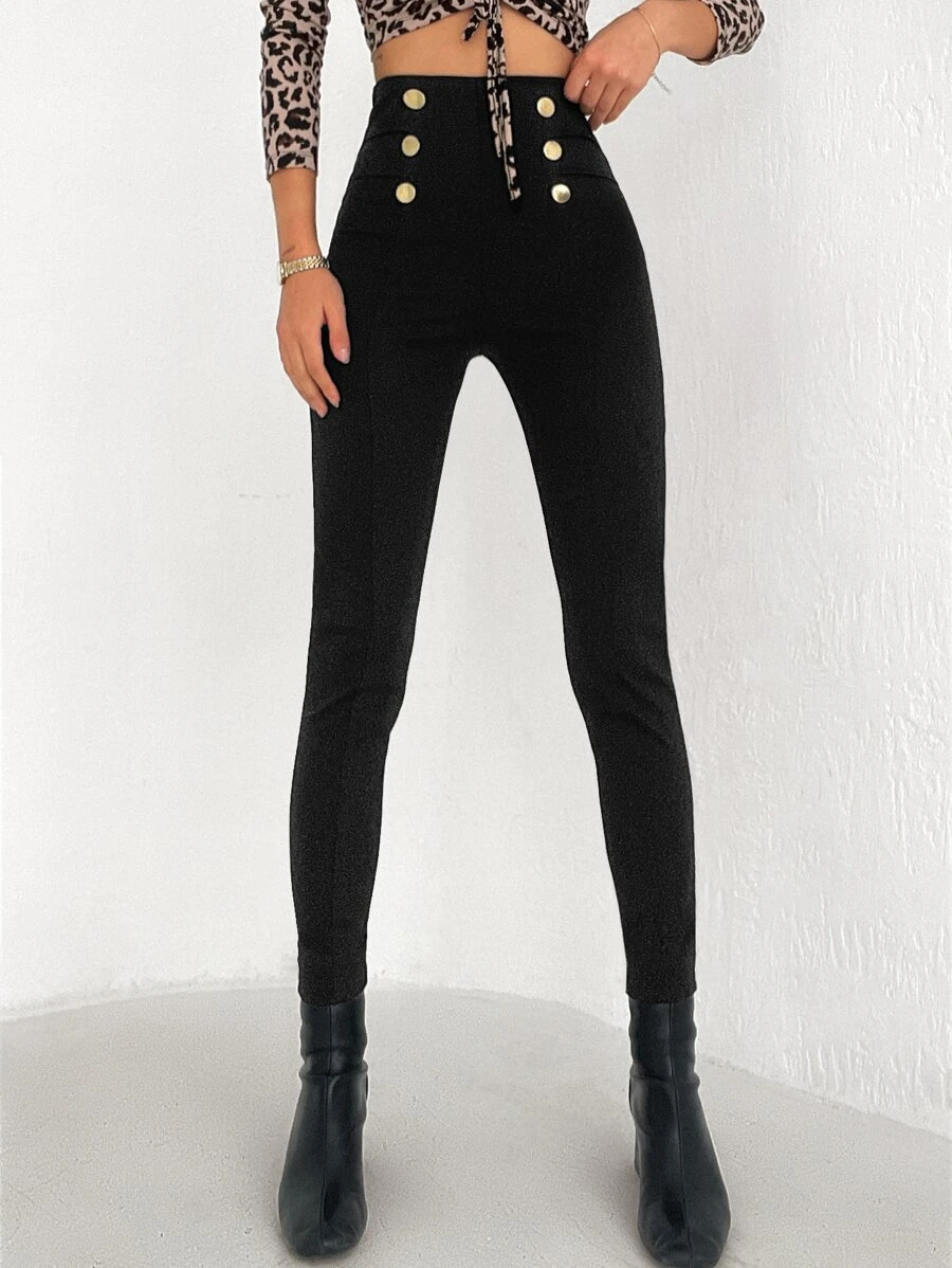 EURMUSE High Waist Button Detail Skinny Trousers - Black - View 1