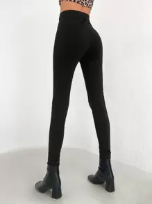 EURMUSE High Waist Button Detail Skinny Trousers - Black - View 2