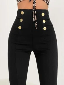 EURMUSE High Waist Button Detail Skinny Trousers - Black - View 3