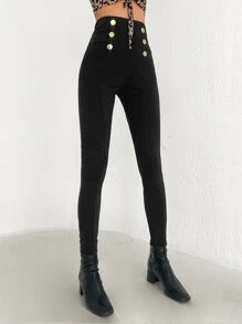EURMUSE High Waist Button Detail Skinny Trousers - Black - View 5