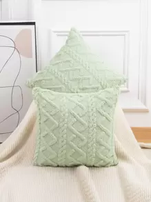 1pc Soft Plush Fuzzy Short Wool Fleece Throw Pillow Covers   Square Patterned Cushion Cases Decorative Pillow Shell For Sofa Bedroom - Green - View 2