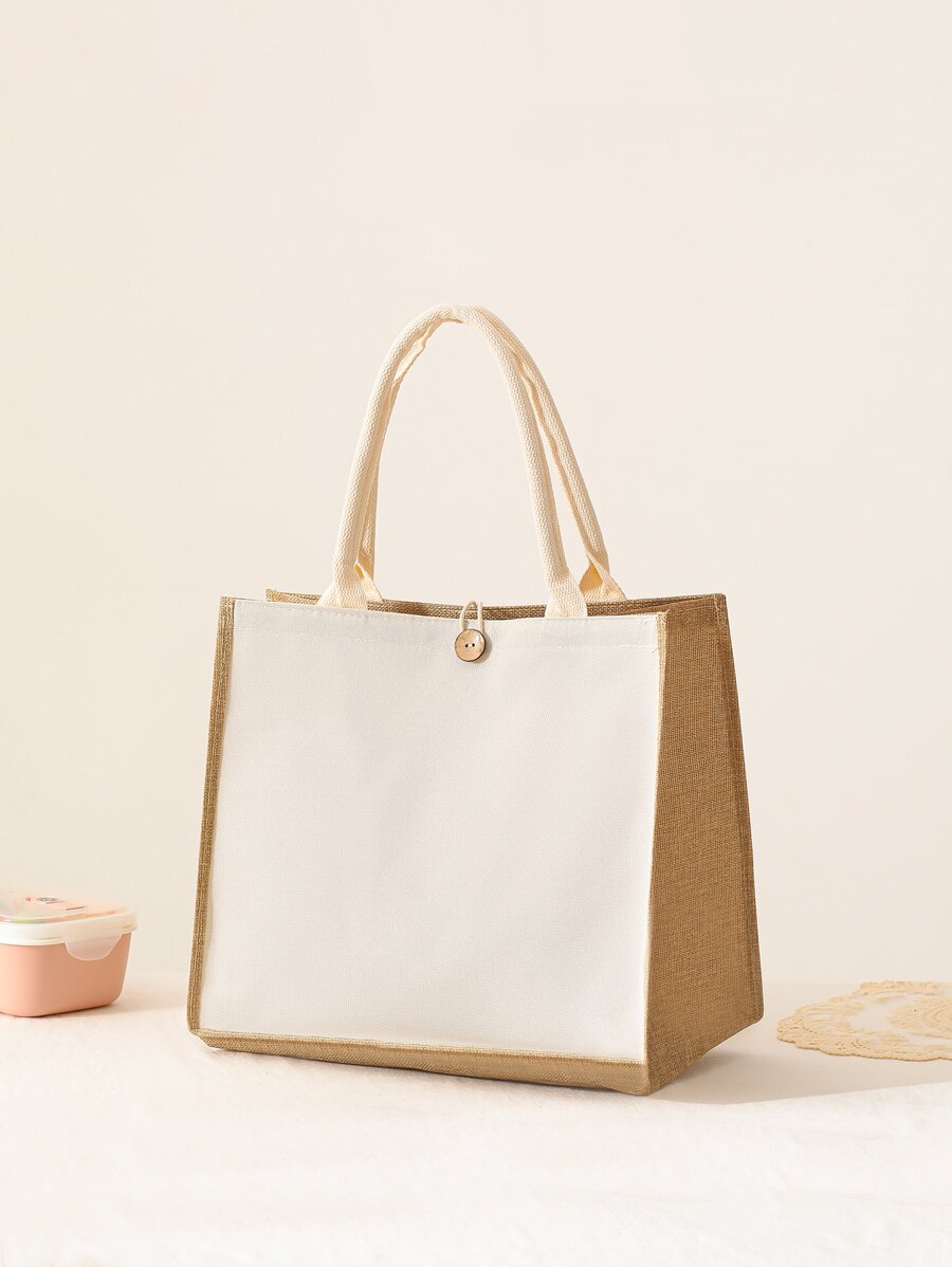 1pc Oxford Linen Solid Color Daily Lunch Box Tote Bag - Beige - View 1