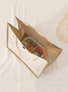 1pc Oxford Linen Solid Color Daily Lunch Box Tote Bag - Beige - View 3