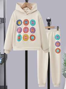 Girls Floral Print Drop Shoulder Hoodie & Joggers - Apricot - View 1