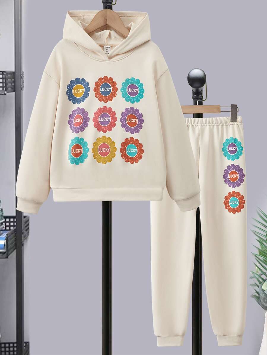 Girls Floral Print Drop Shoulder Hoodie & Joggers - Apricot - View 1