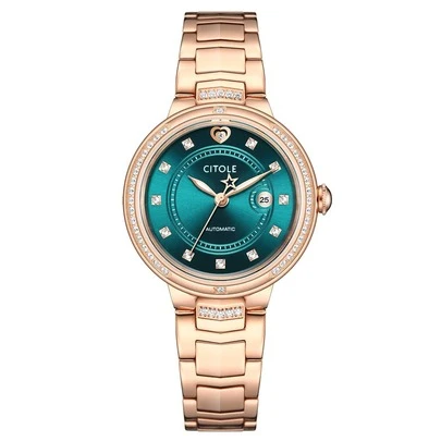 Rhinestone Decor Round Pointer Date Mechanical Watch