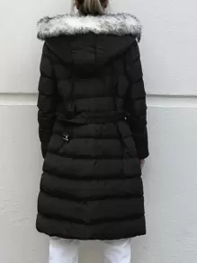 RueChic Fuzzy Trim Hooded Zipper Puffer Coat - Black - View 2