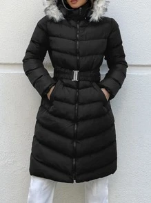 RueChic Fuzzy Trim Hooded Zipper Puffer Coat - Black - View 3