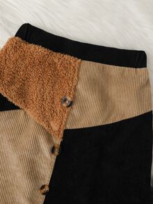 Girls Cut Out Shoulder Tee & Colorblock Teddy Panel Button Front Skirt - Multicolor - View 5