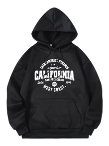 SHEIN EZwear Letter Graphic Kangaroo Pocket Drawstring Thermal Hoodie - Black - View 1