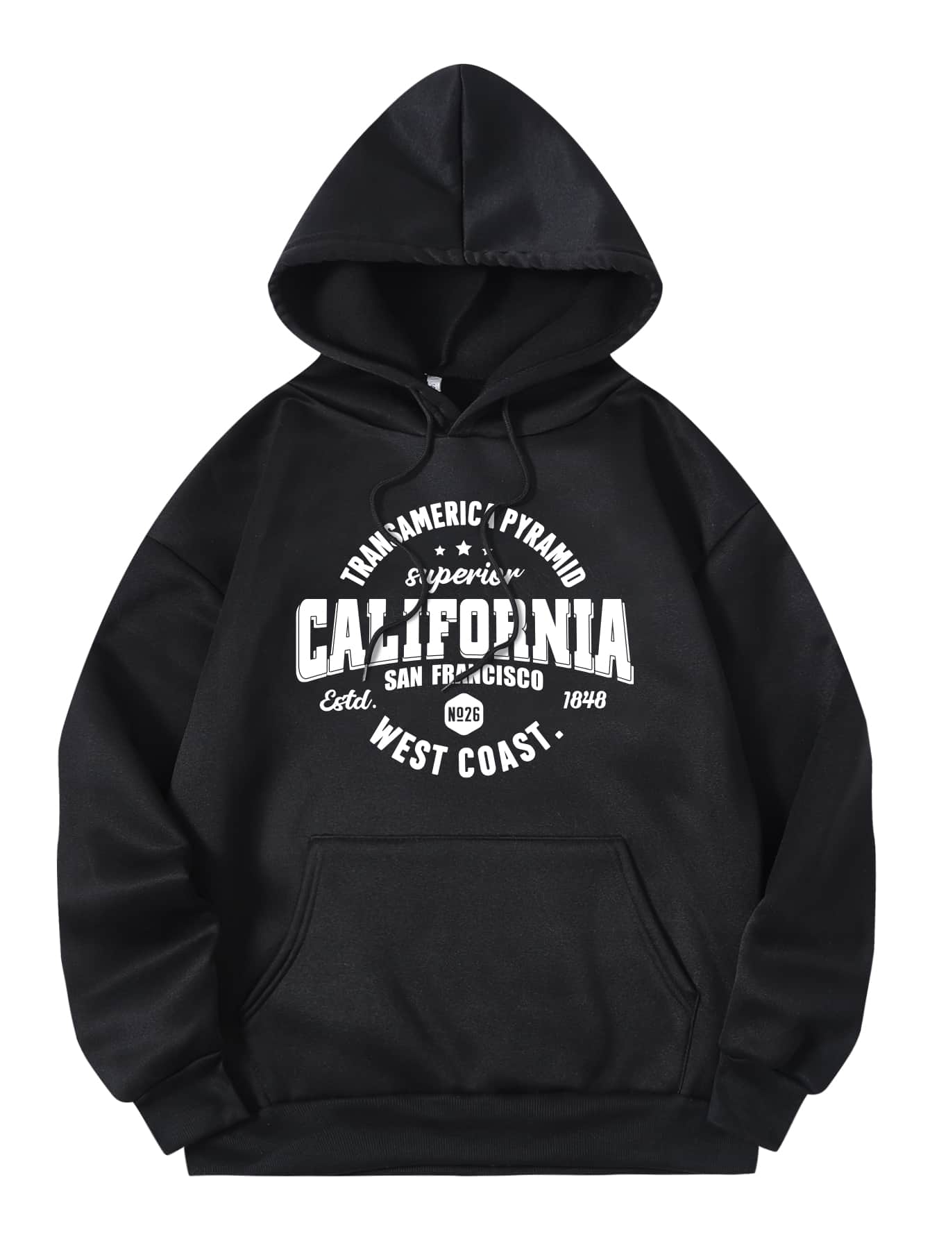 SHEIN EZwear Letter Graphic Kangaroo Pocket Drawstring Thermal Hoodie - Black - View 1