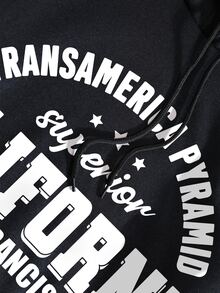 SHEIN EZwear Letter Graphic Kangaroo Pocket Drawstring Thermal Hoodie - Black - View 3