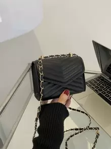Mini bolso cuadrado con cadena y solapa con detalle de Chevron, bolso cruzado acolchado Chevron, bolso de hombro con solapa de moda, bolso y bolso de moda para mujer
