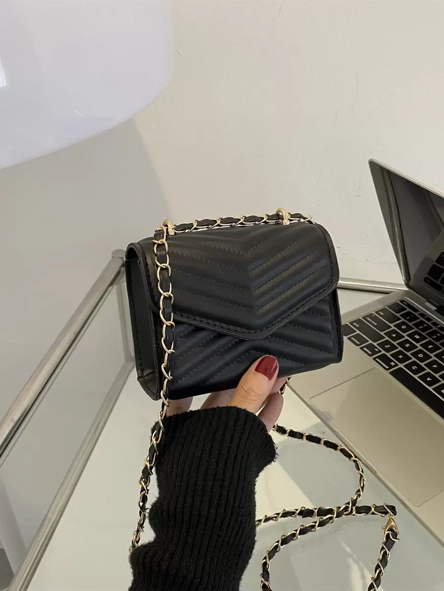 Mini bolso cuadrado con cadena y solapa con detalle de Chevron, bolso cruzado acolchado Chevron, bolso de hombro con solapa de moda, bolso y bolso de moda para mujer