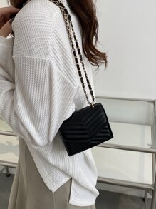 Mini bolso cuadrado con cadena y solapa con detalle de Chevron, bolso cruzado acolchado Chevron, bolso de hombro con solapa de moda, bolso y bolso de moda para mujer