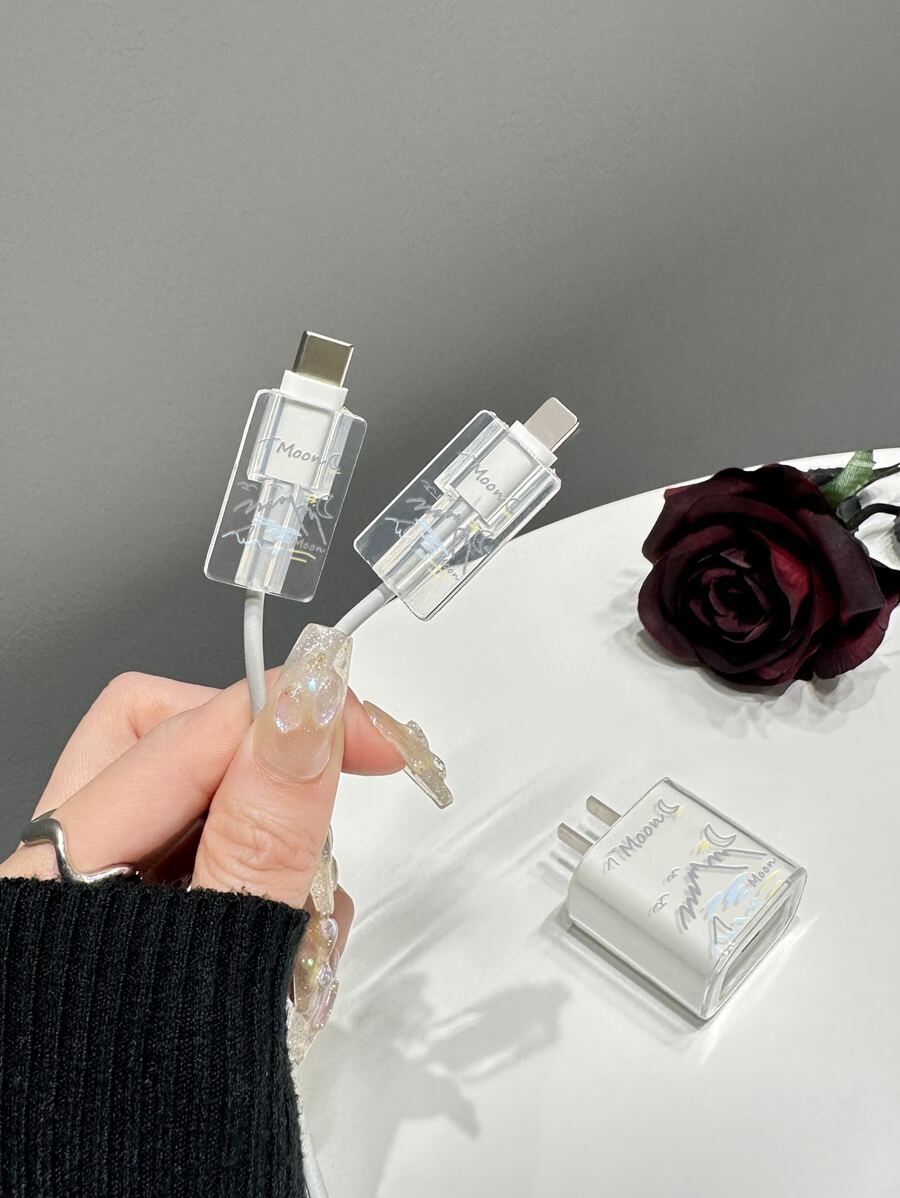 3入組透明字母圖案數據線保護頭和充電頭套套裝