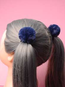 ROMWE Kawaii 2 chiếc dây buộc tóc trang trí Pompom dễ thương cho ngày lễ tình nhân, dây buộc tóc đuôi ngựa, dây thun buộc tóc, dây thun buộc tóc - Màu xanh hải quân - Xem 2