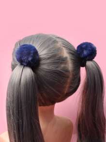 ROMWE Kawaii 2 chiếc dây buộc tóc trang trí Pompom dễ thương cho ngày lễ tình nhân, dây buộc tóc đuôi ngựa, dây thun buộc tóc, dây thun buộc tóc - Màu xanh hải quân - Xem 4