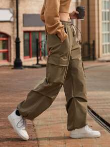 SHEIN Flap Pocket Drawstring Waist Cargo Trousers - Mocha Brown - View 1