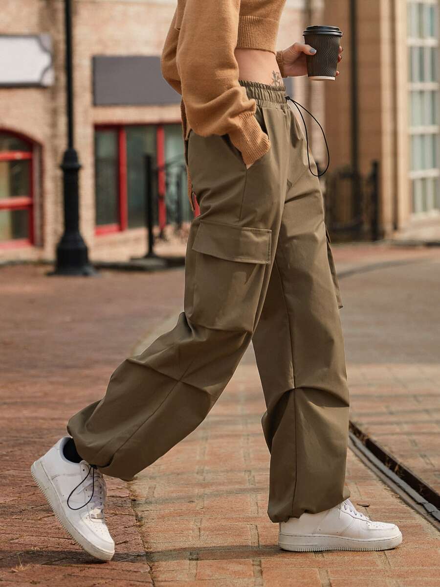 SHEIN Flap Pocket Drawstring Waist Cargo Trousers - Mocha Brown - View 1