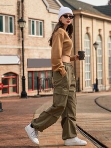 SHEIN Flap Pocket Drawstring Waist Cargo Trousers - Mocha Brown - View 9