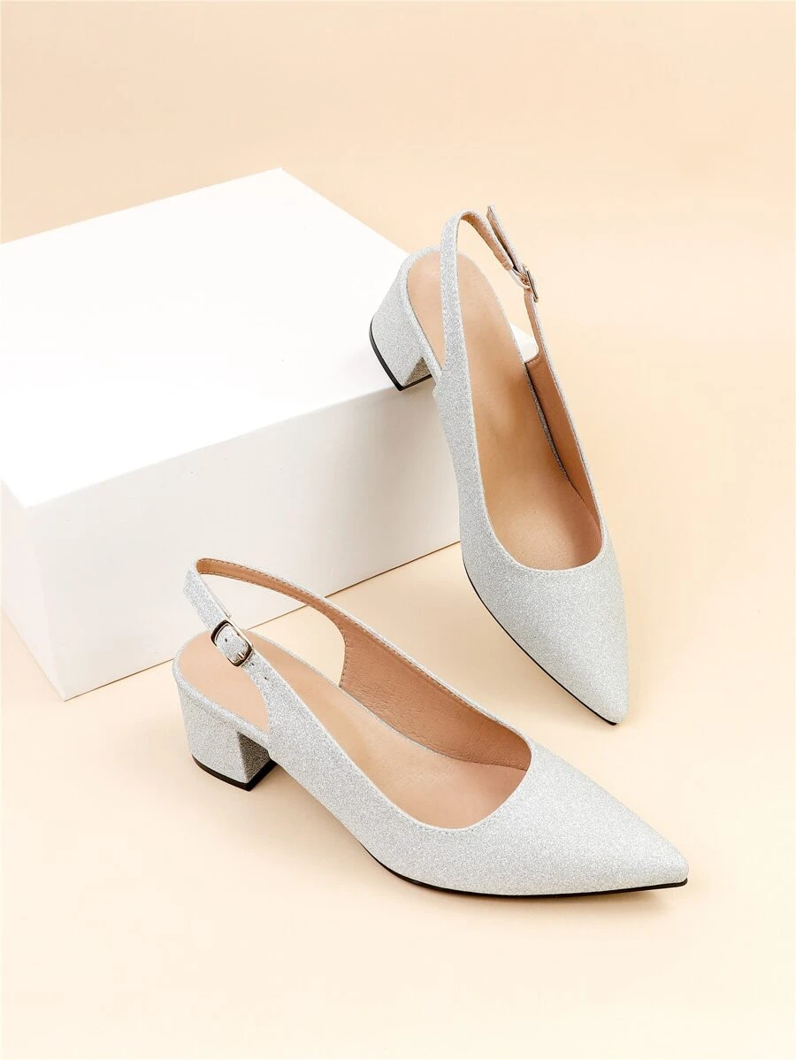 Women Wide Fit Glitter Point Toe Chunky Heeled Slingback Pumps - Silver - View 1