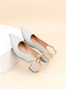 Women Wide Fit Glitter Point Toe Chunky Heeled Slingback Pumps - Silver - View 2