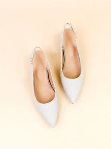 Women Wide Fit Glitter Point Toe Chunky Heeled Slingback Pumps - Silver - View 3