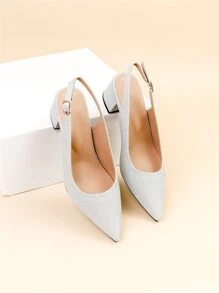 Women Wide Fit Glitter Point Toe Chunky Heeled Slingback Pumps - Silver - View 4