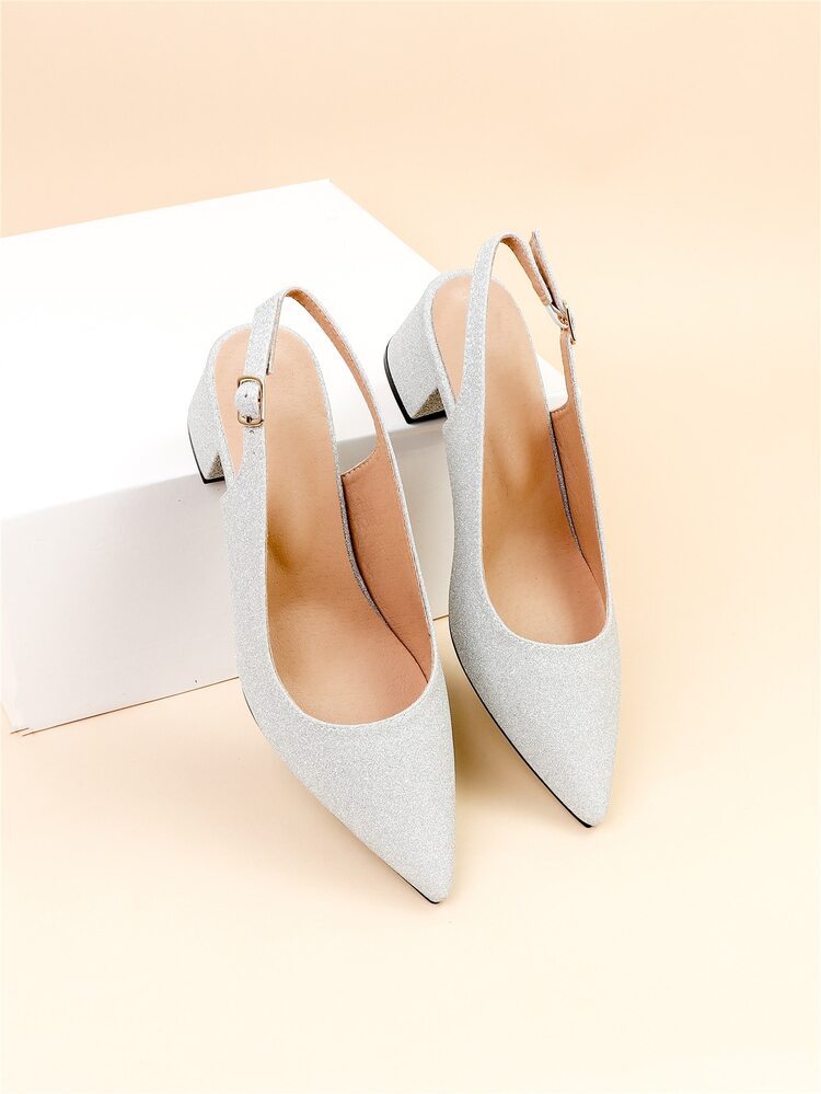 Tacones brillante de punta con tacón grueso de talón abierto - Plateado - Añade 4