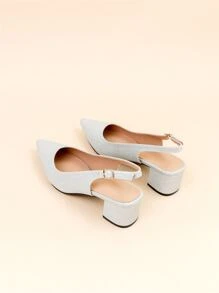 Women Wide Fit Glitter Point Toe Chunky Heeled Slingback Pumps - Silver - View 5