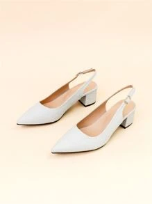 Women Wide Fit Glitter Point Toe Chunky Heeled Slingback Pumps - Silver - View 6