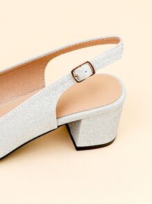 Women Wide Fit Glitter Point Toe Chunky Heeled Slingback Pumps - Silver - View 7