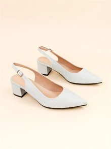 Women Wide Fit Glitter Point Toe Chunky Heeled Slingback Pumps - Silver - View 8