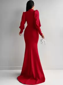 EURMUSE Women's Solid Color Mandarin Collar Hollow Out Gigot Sleeve Fishtail Hem Elegant Dress - Red - View 2