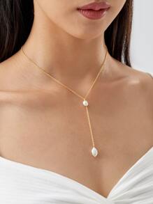 仿珍珠吊坠 Y 形套索项链 - 白色 - 查看 2